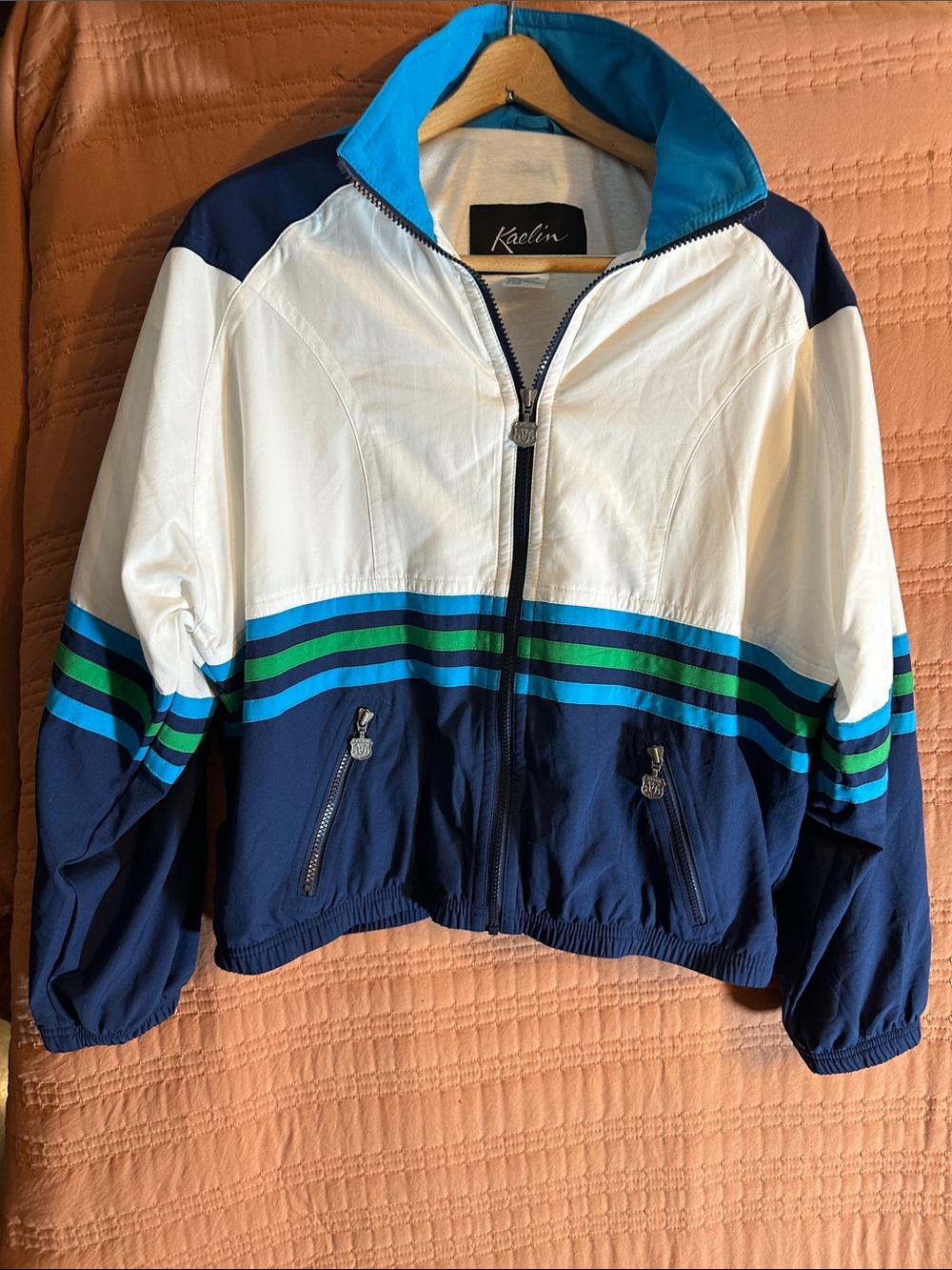 Kids Colorblock Jean-Style Jacket in White & Navy with Blue & Green Stripes